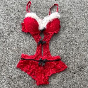 Elegant Red Lace Teddy with Faux Fur Trim